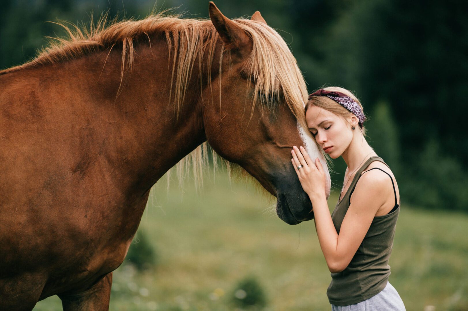 A woman is petting the face of a horse.