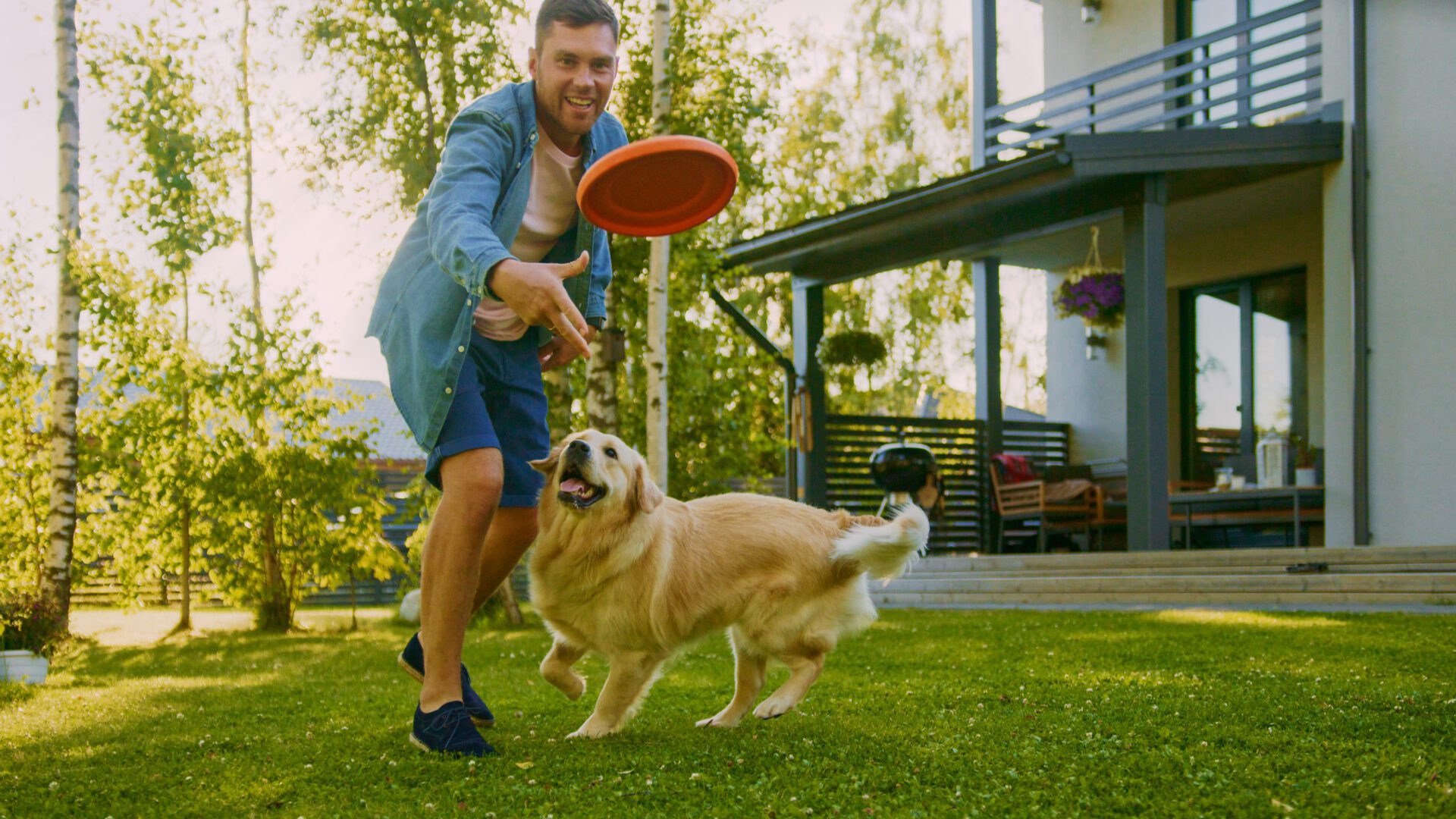 A man and his dog playing frisbee in the yard.
