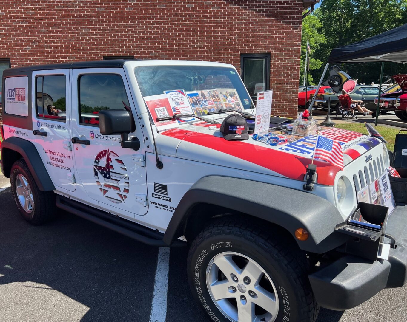 White Jeep decorated for Veterans Retreat Virginia.